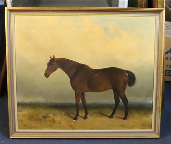 J. Hardy (19th C.) Chestnut stallion in a landscape 22.5 x 27.5in.